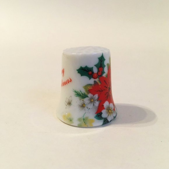 Merry Christmas Thimble Vintage Poinsettia Flowers - Picture 2 of 6
